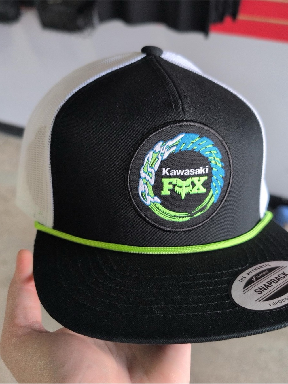 SnapBack Fox Racing Black & White Trucker Hat with Lime Band